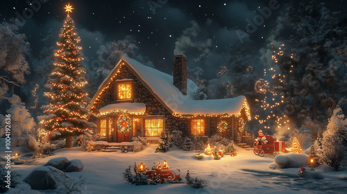 A Cozy Winter Cabin Adorned With Christmas Lights and Santas Sleigh in a Snowy Landscape