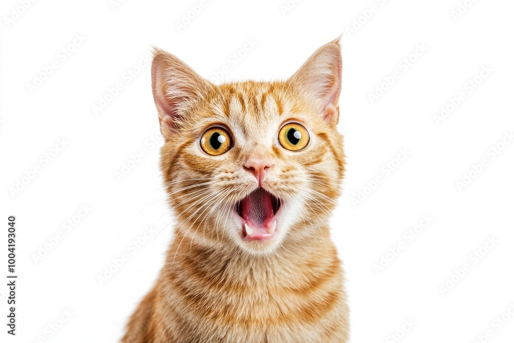 Ginger cat with an open mouth shows surprise in a studio against a clean white background Ginger cat with an open mouth shows surprise in a studio against a clean white background