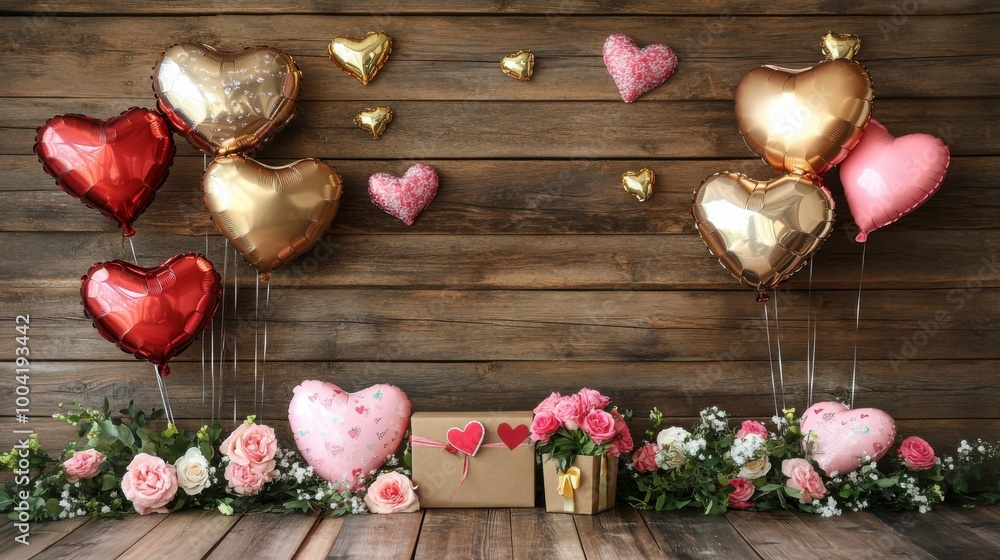 Valentine's Day setup with heart balloons, gift box, and roses on wooden floor. Celebration concept Valentine's Day setup with heart balloons, gift box, and roses on wooden floor. Celebration concept
