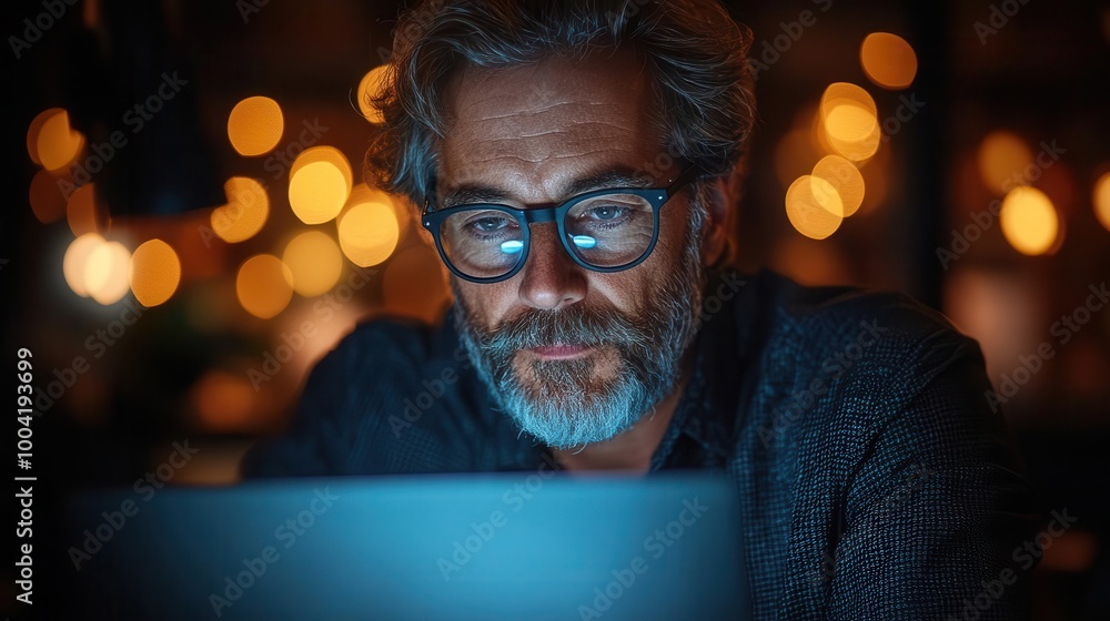 focused businessman working late at night on a laptop surrounded by dim office lighting the atmosphere conveys determination and concentration as he engages in data analysis for his tech agency