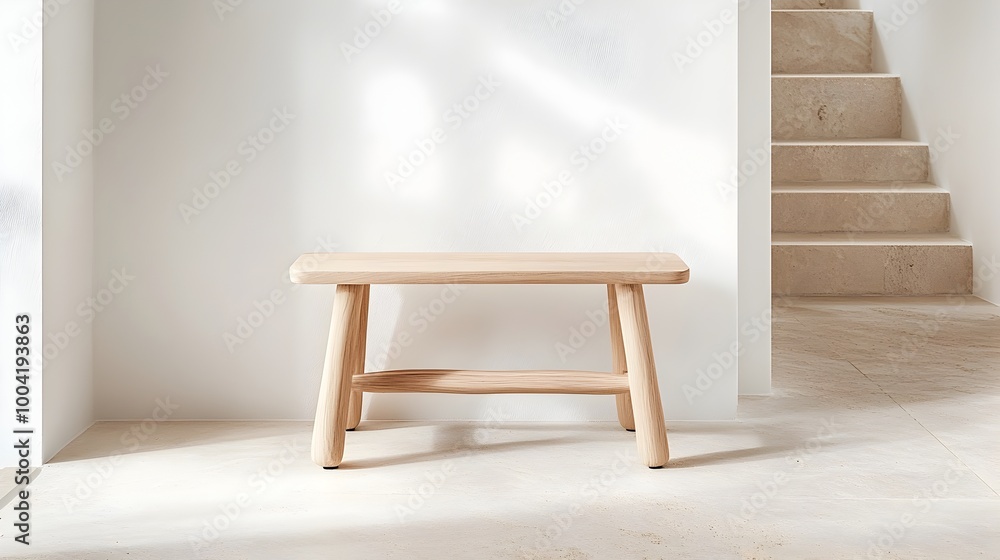 Handcrafted Minimalist Wooden Bench in Serene Hallway with Soft Lighting and Copy Space Handcrafted Minimalist Wooden Bench in Serene Hallway with Soft Lighting and Copy Space