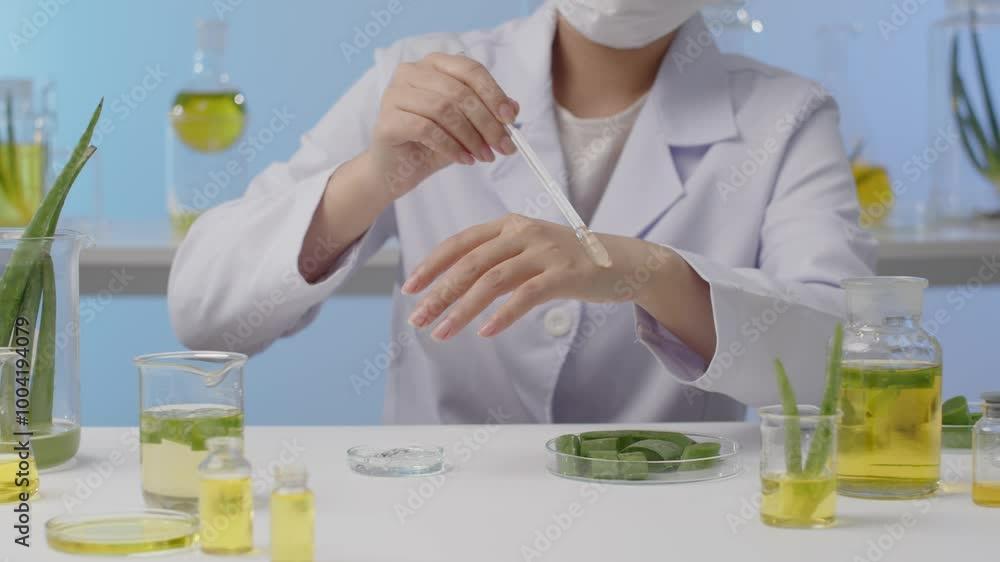 A scientist gently smears a layer of clear gel on the back of his hand with a glass rod in a modern lab setting with glass jars and aloe ingredients suitable for the aloe experiment video template. A scientist gently smears a layer of clear gel on the back of his hand with a glass rod in a modern lab setting with glass jars and aloe ingredients suitable for the aloe experiment video template.