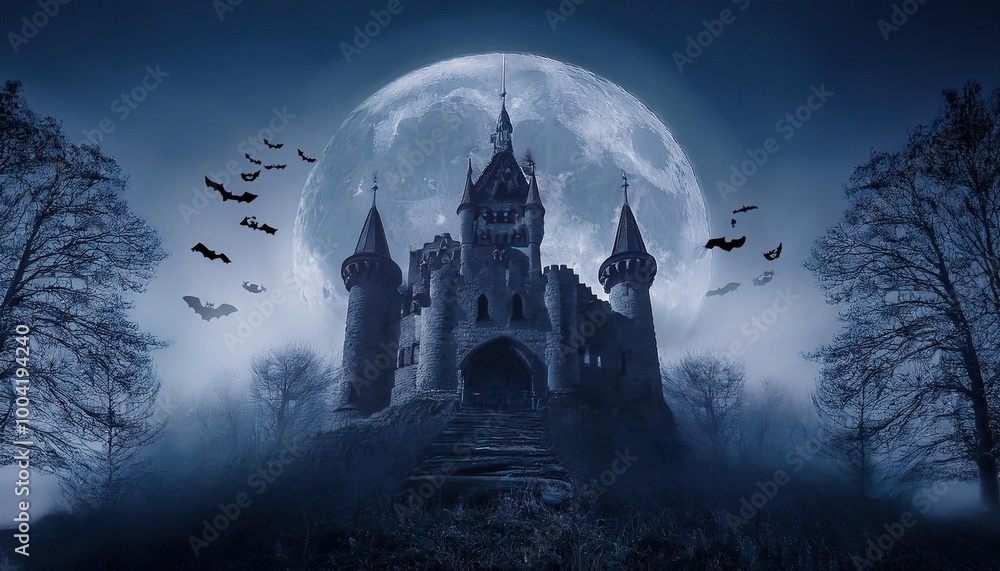 Fototapeta premium Spooky haunted castle with full moon, ghosts, bats, perfect for Halloween or horror-themed projects