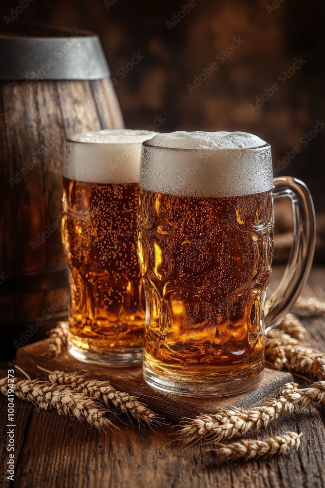 Refreshing amber beer served in frosty mugs beside a wooden barrel on a rustic table Refreshing amber beer served in frosty mugs beside a wooden barrel on a rustic table