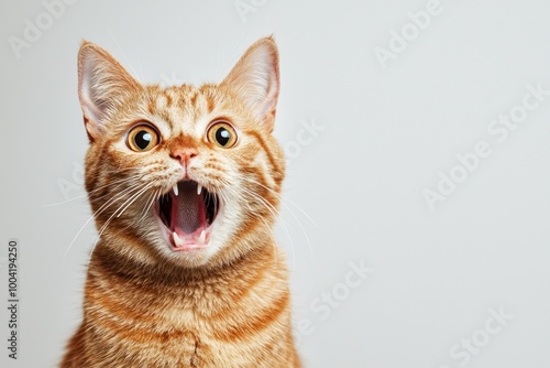 Ginger cat with an open mouth shows surprise in a studio against a clean white background