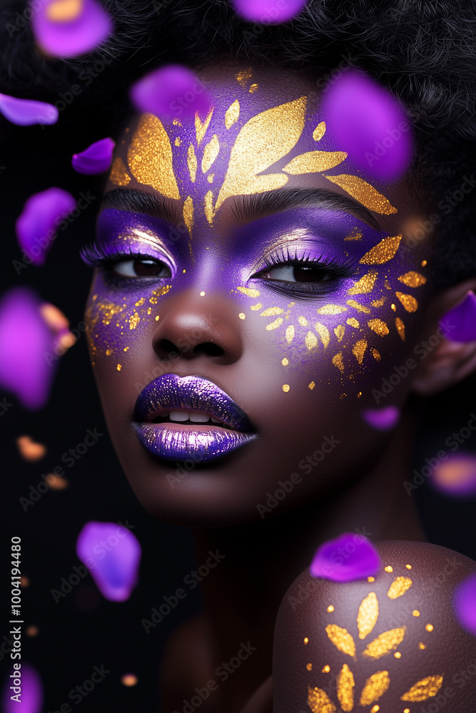 Woman with purple and gold makeup with purple petals falling around her Woman with purple and gold makeup with purple petals falling around her