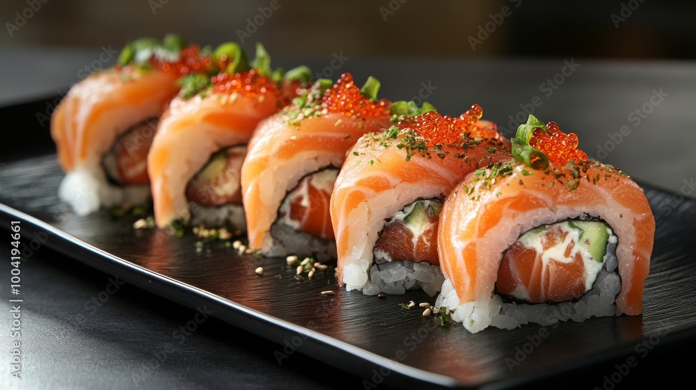 Gourmet salmon sushi rolls served on a sleek black plate, garnished and ready for fine dining. - Gourmet salmon sushi rolls served on a sleek black plate, garnished and ready for fine dining. -