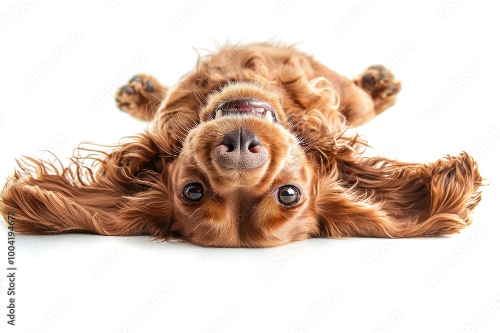Naklejka premium Photo of a happy English Cocker Spaniel puppy playing, shown from above in a top-down view on a white background