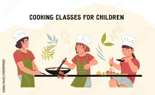 Kids cooking classes, fun and educational culinary lessons. Banner with children learn cooking skills and develop a love for cooking, cartoon vector illustration isolated on white.