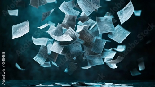 Tax papers cascading down in mid-air, with forms fluttering as they fall, symbolizing the stress and disarray of handling taxes and financial paperwork