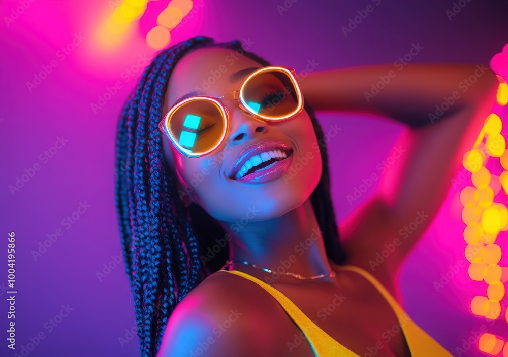 A joyful Black woman with long braids enjoys lively, colorful nightlife A joyful Black woman with long braids enjoys lively, colorful nightlife
