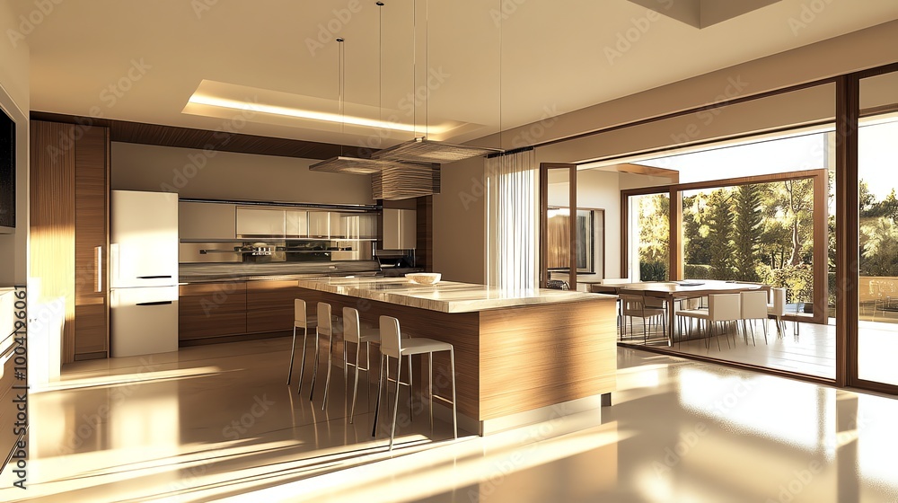 A modern kitchen with wood cabinets and large windows. A modern kitchen with wood cabinets and large windows.