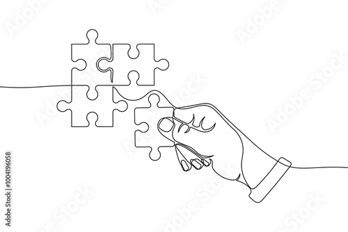One continuous line illustration of hand putting jigsaw puzzle pieces together. Continuous line drawing of hand and jigsaw puzzles elements. Vector.