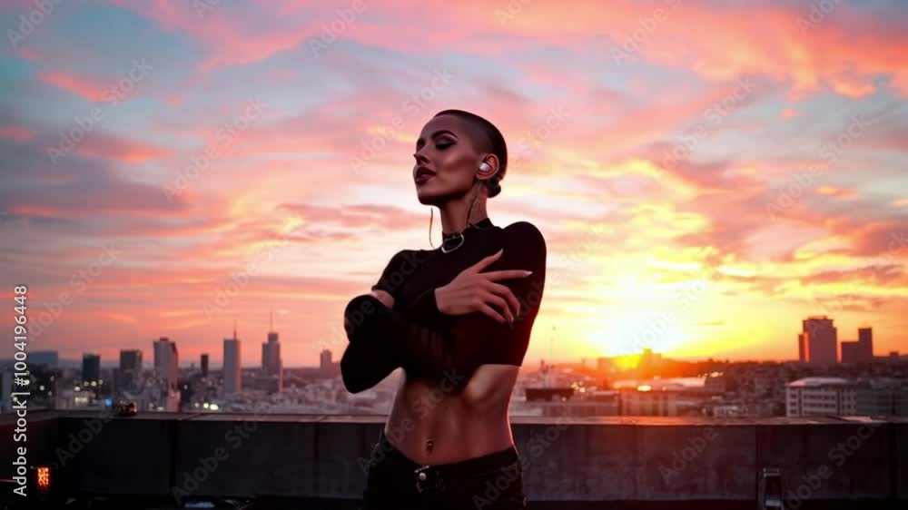 Empowered Bald Woman Dancing in Sunset on Rooftop with City View Empowered Bald Woman Dancing in Sunset on Rooftop with City View
