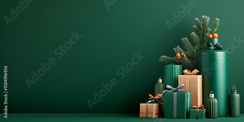 Christmas background with green and gold wrapped gifts, pine branches, and holiday ornaments on a dark green backdrop photo