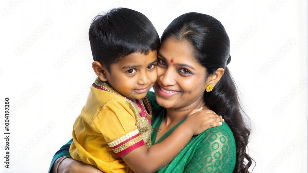 Indian Pretty Young Mother and Little Boy or Son Embracing on White Background
Indian Pretty Young Mother and Little Boy or Son Embracing on White Background