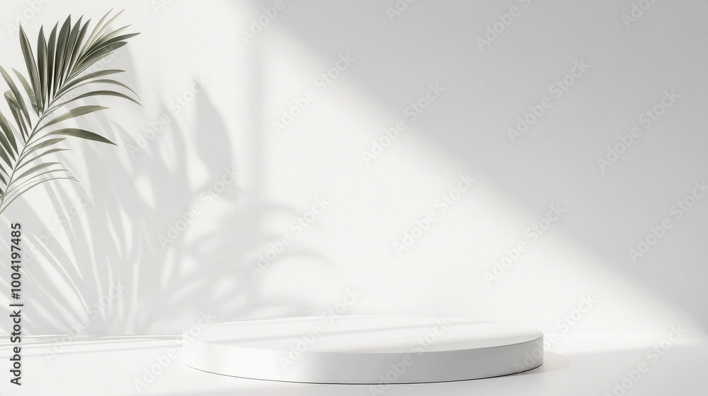 A minimalist display featuring round white pedestal against bright wall, with soft shadows cast by leafy plant, creating serene and modern atmosphere A minimalist display featuring round white pedestal against bright wall, with soft shadows cast by leafy plant, creating serene and modern atmosphere