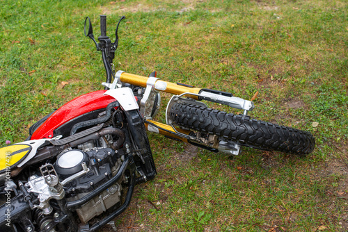 Fallen over motorbike . Motorbike crash . Umgestürztes Motorrad . Motorbike crash