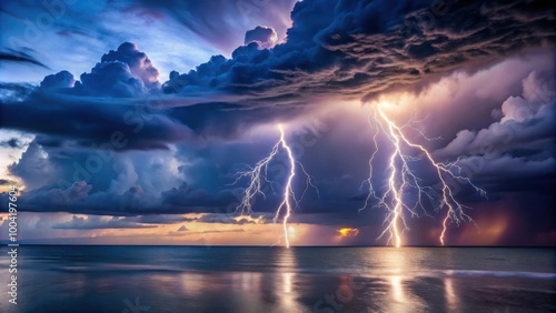 Dramatic Lightning Storm Captured Over Vast Ocean Horizon at Dusk