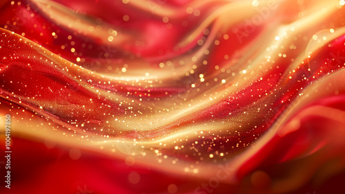 Red and gold abstract Christmas wavy background With shiny particles