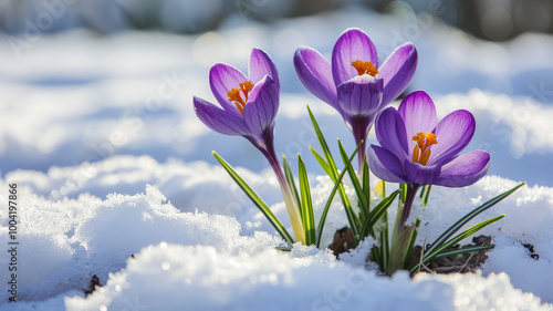 Purple crocuses growing through the snow in early spring