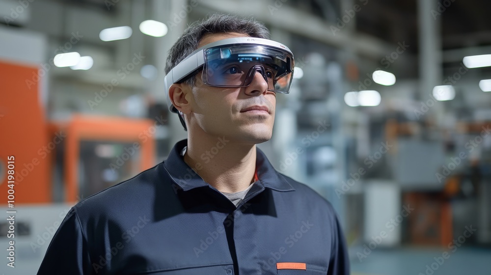 A man wearing augmented reality glasses stands in an industrial setting, showcasing innovative technology and focused engagement in his work environment. A man wearing augmented reality glasses stands in an industrial setting, showcasing innovative technology and focused engagement in his work environment.