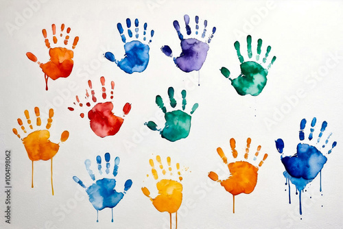 Baby handprint with watercolor on white wall background. Works of child abstract sketch. Colored kids handprints and splattered messy on pictures. Unique backgrounds for creativity and wallpaper photo