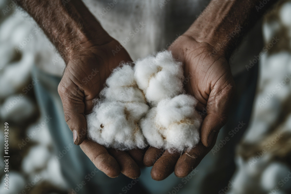 Close-up of black farmer hands holding white cotton bolls. Concept of agriculture, farming and natural fiber harvesting Close-up of black farmer hands holding white cotton bolls. Concept of agriculture, farming and natural fiber harvesting