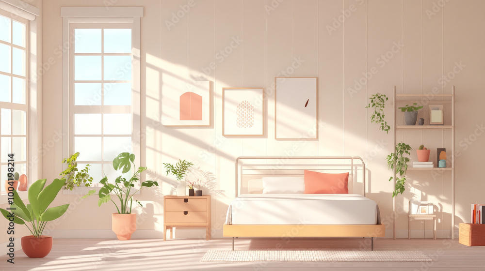 Fototapeta premium A bright and airy bedroom featuring minimalist design with bed, potted plants, and natural light streaming through large windows. warm tones create cozy atmosphere