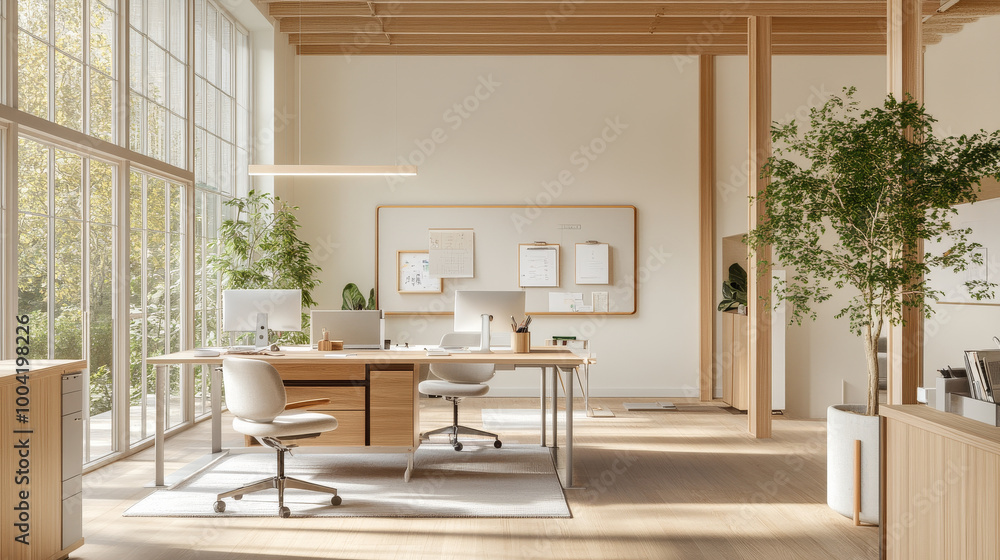 A modern office interior featuring spacious layout with large windows, natural light, and greenery. design includes wooden desk, ergonomic chairs, and minimalist aesthetic that promotes productivity a A modern office interior featuring spacious layout with large windows, natural light, and greenery. design includes wooden desk, ergonomic chairs, and minimalist aesthetic that promotes productivity a
