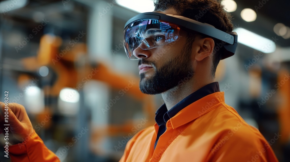 A focused professional in an orange jacket and safety goggles oversees technology in an industrial setting, highlighting modern workplace safety. A focused professional in an orange jacket and safety goggles oversees technology in an industrial setting, highlighting modern workplace safety.