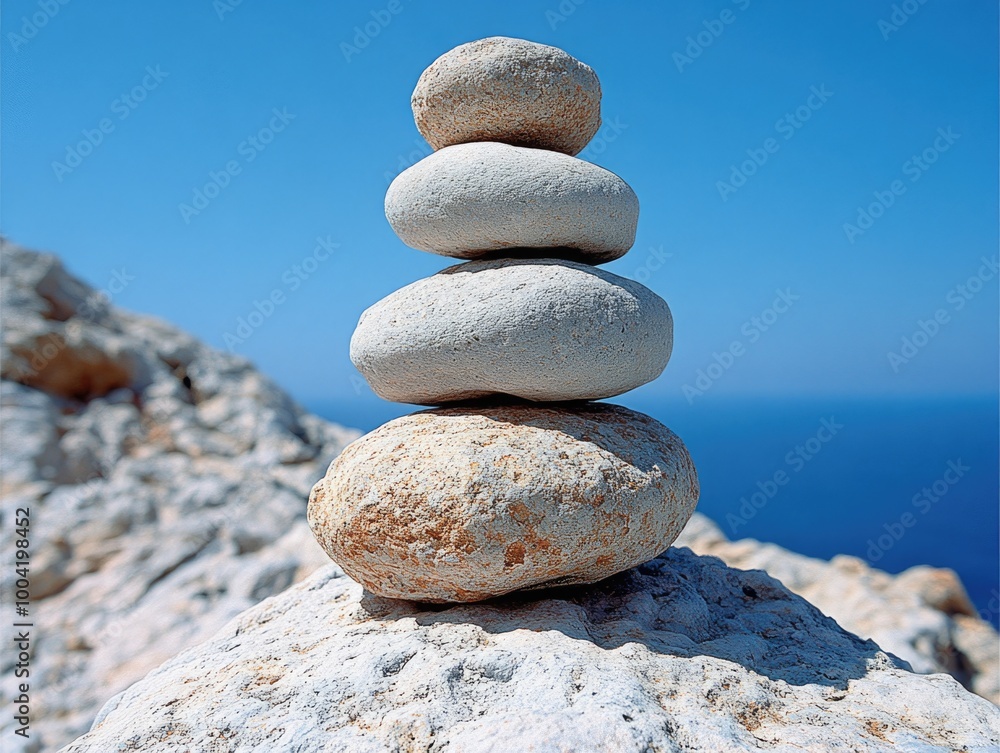 Balanced pebbles on rocky shore with clear blue sky Balanced pebbles on rocky shore with clear blue sky