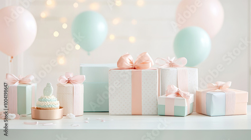 Beautifully arranged pastel colored gifts and cupcake create festive atmosphere, perfect for celebrations. soft hues and elegant bows add charm to scene photo