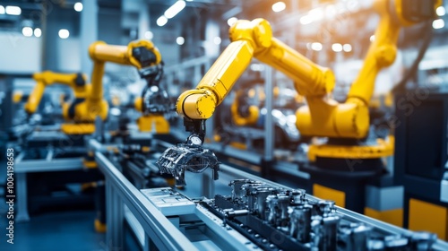 A vibrant industrial scene featuring robotic arms working on an assembly line in a modern manufacturing facility.