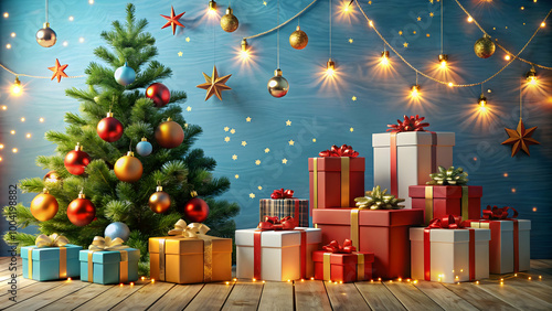 Christmas background with Christmas gift Presents Under a Decorated Tree photo