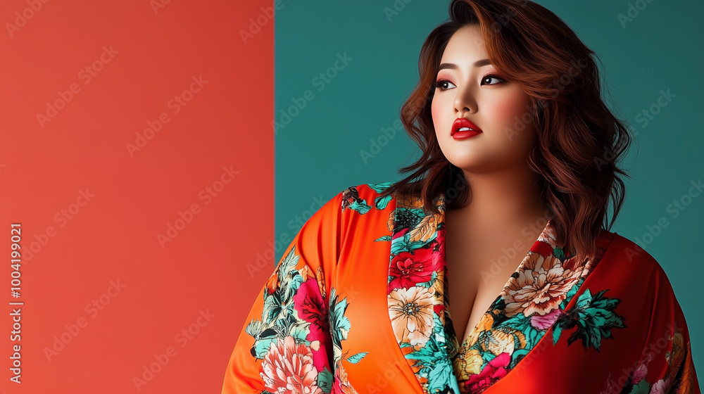 confident woman in vibrant floral robe poses against colorful background, exuding elegance and style. Her bold makeup enhances her striking features. confident woman in vibrant floral robe poses against colorful background, exuding elegance and style. Her bold makeup enhances her striking features.