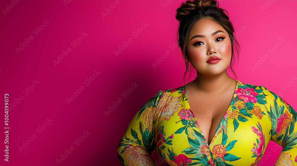 confident woman poses against vibrant pink background, wearing floral dress that showcases her style and personality. Her expression exudes self assurance and charm. confident woman poses against vibrant pink background, wearing floral dress that showcases her style and personality. Her expression exudes self assurance and charm.