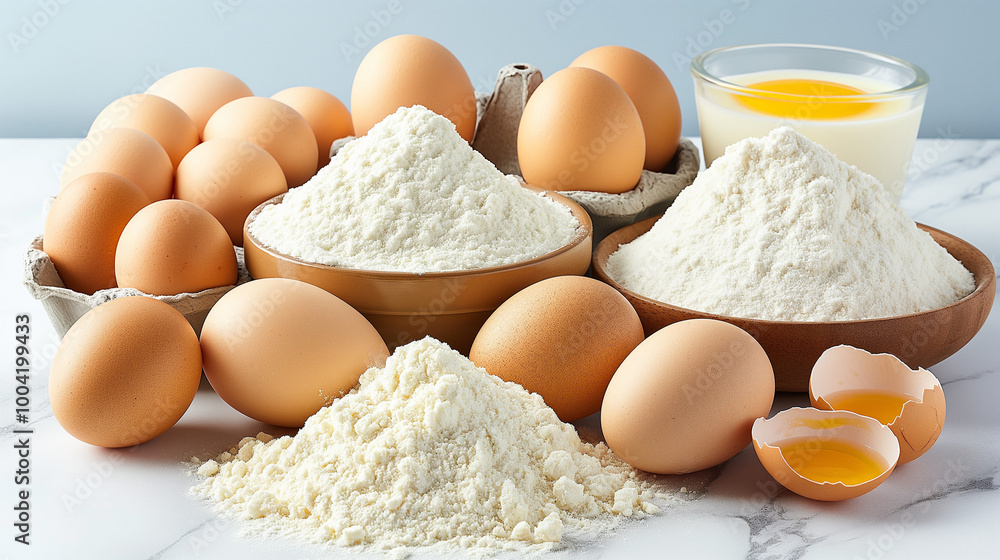 Fresh Eggs and Flour on Kitchen Counter for Baking Concepts Fresh Eggs and Flour on Kitchen Counter for Baking Concepts