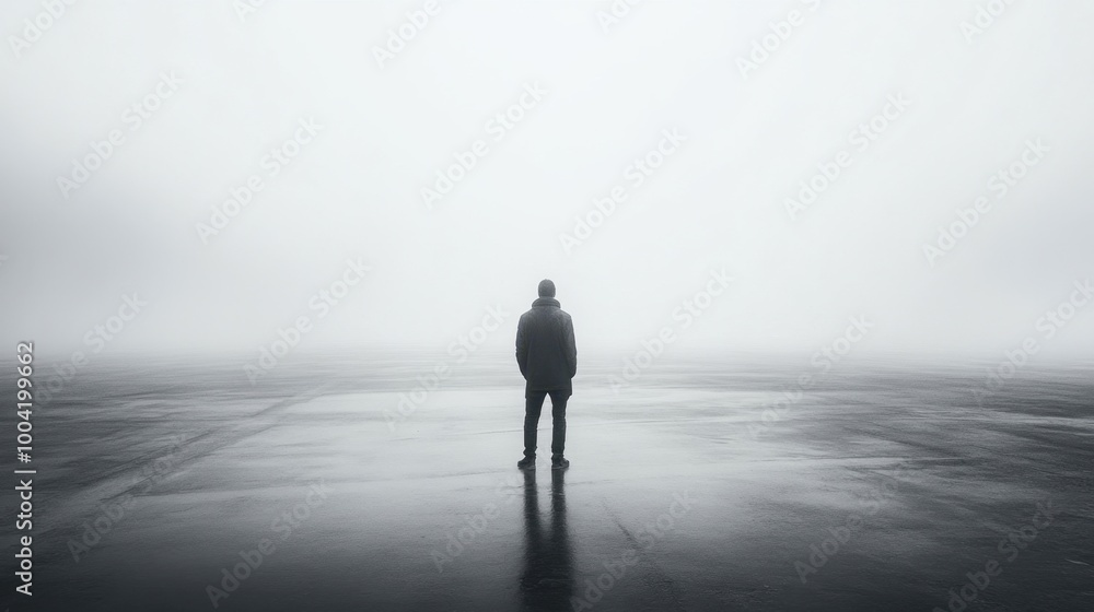 A solitary figure in the foggy landscape at dawn A solitary figure in the foggy landscape at dawn