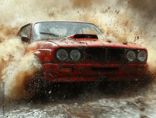 Vintage rally car racing through muddy terrain explores automotive excitement