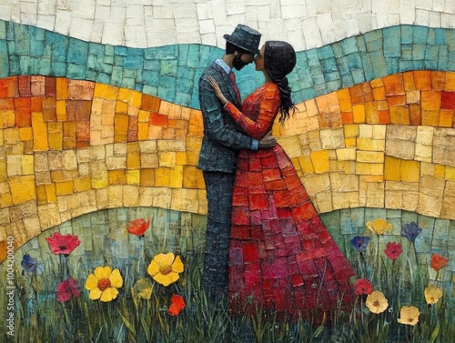 Romantic mosaic art: couple embracing amid vibrant blooms photo