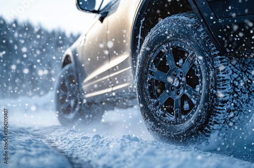 Close-up of SUV wheels and tires navigating through fresh snow in winter conditions