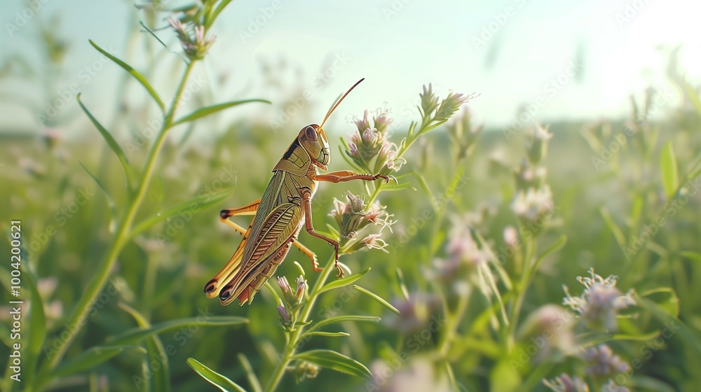 A grasshopper perched on a wildflower stem in a meadow. A grasshopper perched on a wildflower stem in a meadow.