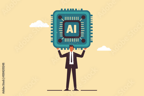 illustration of standing businessman lifting a large chip marked AI