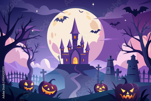 A spooky Halloween scene featuring a silhouette of a haunted castle under a large full moon. Castle silhouette and full moon Halloween background.