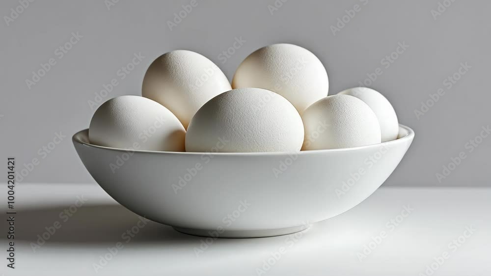 A white bowl filled with six white eggs sits on a white surface A white bowl filled with six white eggs sits on a white surface