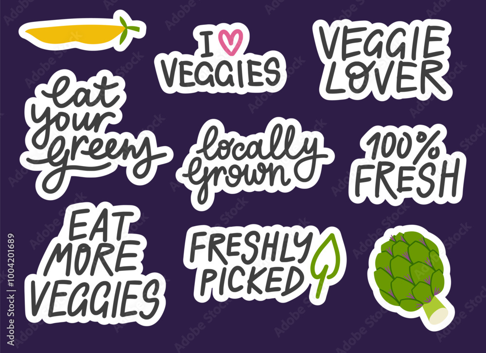 Vegetable lettering stickers set. Handwritten motivational phrases about high quality healthy veggie diet. Perfect for vegetable delivery packaging, labels. Vegetable lettering stickers set. Handwritten motivational phrases about high quality healthy veggie diet. Perfect for vegetable delivery packaging, labels.