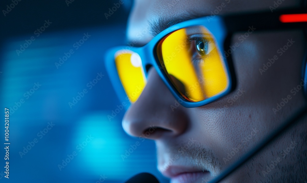 Young gamer wearing stylish yellow-tinted glasses and headset, intensely focused on screen during a competitive gaming session at night. Young gamer wearing stylish yellow-tinted glasses and headset, intensely focused on screen during a competitive gaming session at night.