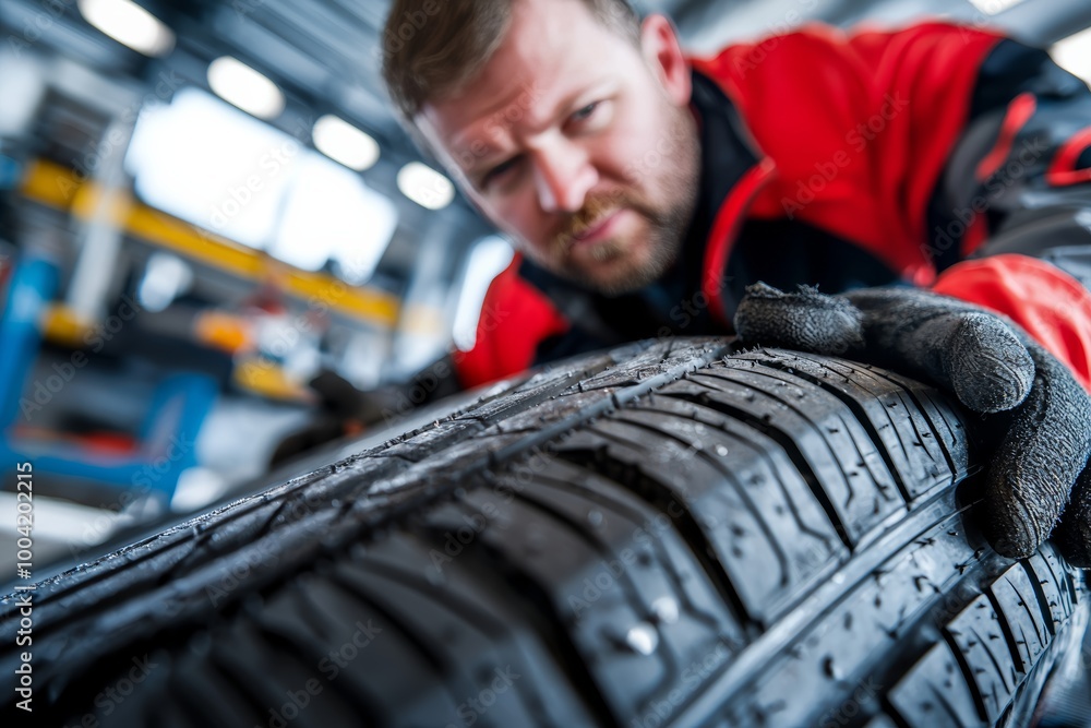 Obraz premium Mechanic inspecting a wet tire in a professional auto repair shop, ensuring safety and quality in a brightly lit environment.
