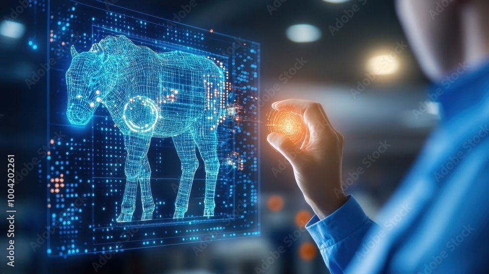 AI farm assistant helping manage livestock in a futuristic barn